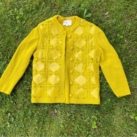 1960s Vintage Sammy Wong wool crochet leather patchwork cardigan sweater jacket - Picture 2 of 15